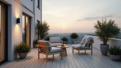 Fototapeta premium A Scandinavian modern terrace at dusk features wooden furniture with white cushions, rug, potted plants, and ambient lighting from candles in lanterns. The terrace overlooks a scenic, hilly landscape