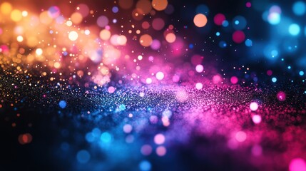 Colorful bokeh lights, glitter texture, dark background, festive design