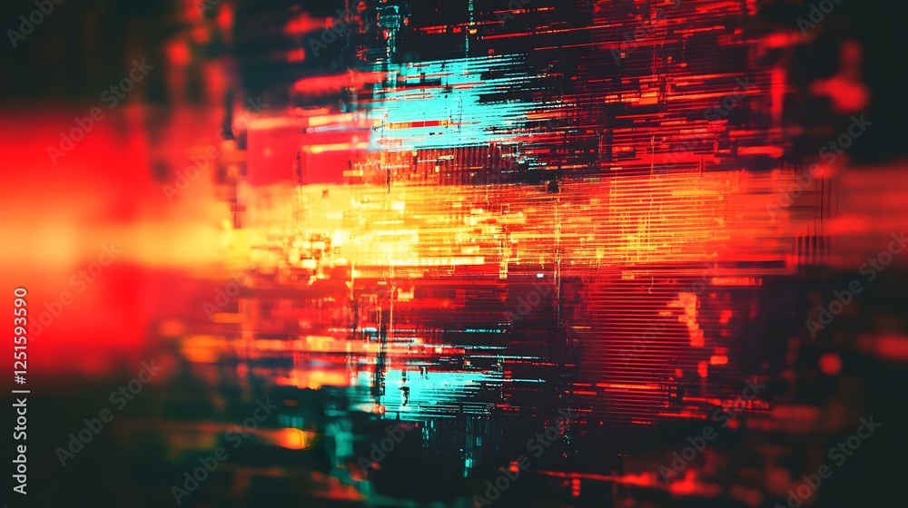 Poster Explosive glitch art fractal visualization of the dynamic flux and chaotic transformation of digital energy technology and information  This abstract art piece evokes a futuristic psychedelic