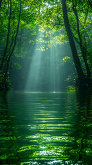 Obraz premium Serene Forest River Sunlight Rays Nature Scene