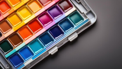 colorful watercolor palettes arranged artistically for mixing vibrant paint hues on a sleek grey background showcasing artistic creativity
