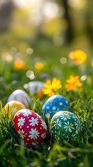 Colorful easter eggs nestled in lush green grass with vibrant yellow flowers in soft sunlight