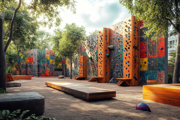 Park with a few benches and trees. The sun is shining on the benches and the ground