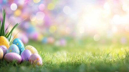 Fototapeta premium Colorful Easter Eggs In Green Grass With Blurred Background Of More Easter Eggs And Sunlight.
