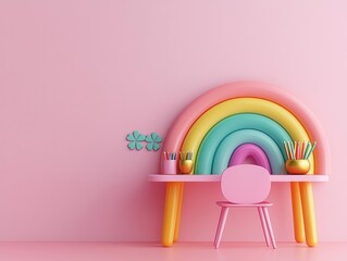 A kids  study desk with a rainbowthemed chair, clovershaped pen holders, and a small, glowing pot of gold as a decor piece