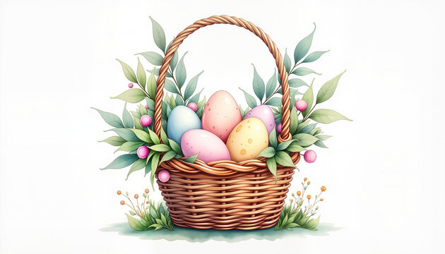 Decorative Easter basket with pastel eggs and palm leaves, spring celebration