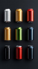 Colorful Soda Cans Array on Dark Background Refreshing Metallic Beverage Container Still Life