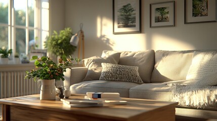 Sunlit living room sofa, plants, morning light, cozy interior design, home decor