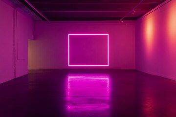 Abstract pink neon square frame in an empty room with a purple glow on the floor.