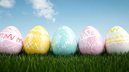 Fototapeta premium Colorful Easter Eggs Lined Up on Green Grass Under Blue Sky with White Clouds Spring Celebration.