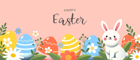A Cheerful and Colorful Celebration of Easter Featuring Colorful Eggs and a Cute Bunny