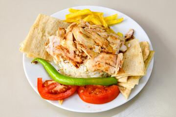 Lavash zurna doner kebab ( zurna  durum )  or shawarma sliced in plate isolated.  hatay usulu tavuk Et doner durum. Gobit ekmek arasi doner. Pilavustu iskender doner kebap. 