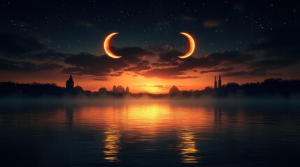 Twin crescent sunset over misty city