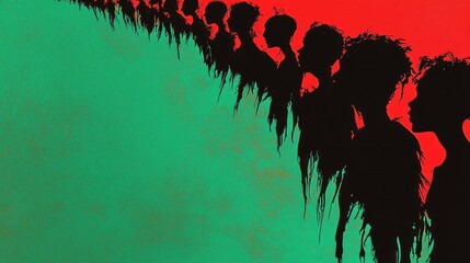 Black silhouettes of women, vibrant green and red background.  Possible use  social justice, civil rights