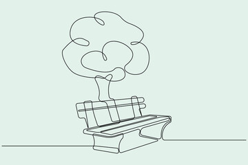 Wooden bench with a tree continuous line drawing. Park with tree and bench theme background. Vector illustration.