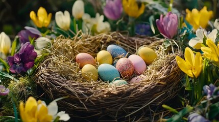 Obraz premium Colorful Easter Eggs Nestled Among Spring Flowers in Natural Setting for Celebration.