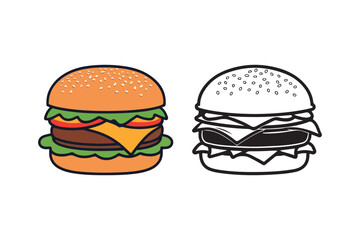 Tasty Cheeseburger Clipart in Full Color and Outline Style