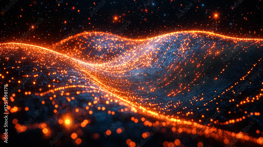 Wall mural computer generated image of a mountain range with orange and blue lights. the image has a futuristic
