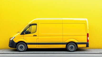 Yellow delivery van parked against bright yellow wall.  Possible stock photo use