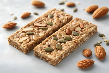 Delicious granola bars with almonds and pumpkin seeds on a light gray surface perfect snack