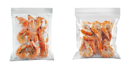 Plastic bag of frozen shrimp isolated on white or transparent background