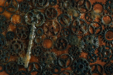 Antique key filled with paraffin with mechanism of gears.