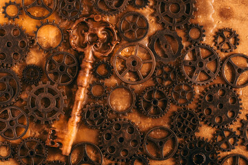 Gears and vintage key on background rusty metal, top view.