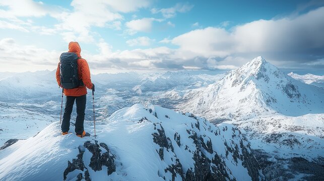 Hiker summit snow mountain winter landscape adventure
