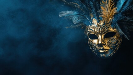 Mysterious Golden Venetian Mask with Blue Feathers