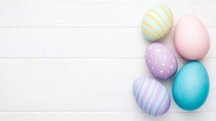 Obraz premium Colorful Easter Eggs on White Wooden Planks Top View Festive Still Life Composition Flat Lay.