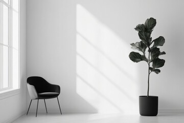 A monochrome minimalist office featuring a statement fiddle-leaf fig tree in a matte black pot, adding a dramatic contrast to the clean white walls