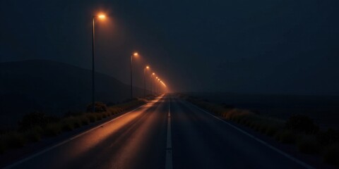 Obraz premium Night road stretching into a misty horizon, illuminated by a series of distant streetlights