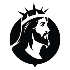 Jesus head wearing crown of thorns silhouette vector illustration.