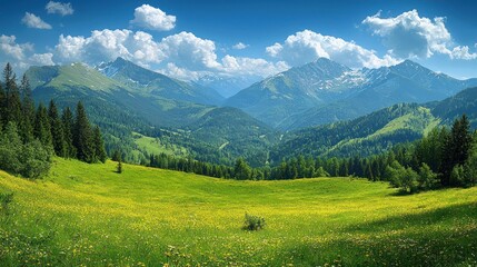 Sunny Alpine meadow, mountain range backdrop, summer travel poster