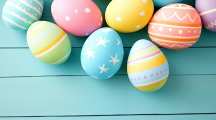 Fototapeta premium Colorful Easter Eggs Painted with Unique Patterns on Light Blue Wooden Surface Festive Still Life.