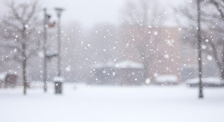Snowfall Scene in Urban Park on Winter Day with Blurry Background