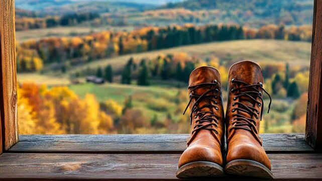 Close-up of leather boots on a wooden porch with a view over rolling hills, focus stacking, minimalistic, autumn time, beautiful landscape,