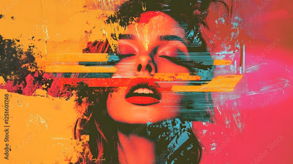 Aufkleber glitched and distorted digital art with vibrant colors and surreal visuals