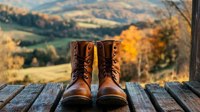 Close-up of leather boots on a wooden porch with a view over rolling hills, focus stacking, minimalistic, autumn time, beautiful landscape,
