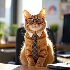 Adorable orange tabby cat wearing glasses and a tie in a sunny office workspace, evoking levity and laughter