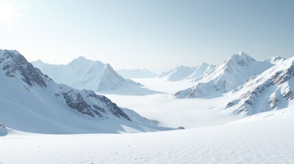 Obraz premium Serene Winter Landscape Snow-Covered Peaks and a Valley Shrouded in Mist, a Breathtaking View of Nature's Majesty
