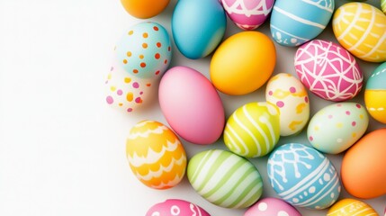 Obraz premium Colorful Easter Eggs Scattered On White Surface With Various Patterns And Hues Of Color.