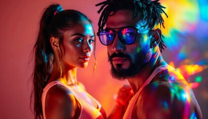 Obraz premium Fashionable Couple Portrait with Neon Lighting and Bold Style Statement