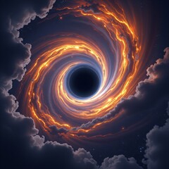 A swirling black hole in the vastness of space with luminous accretion disk and cosmic clouds