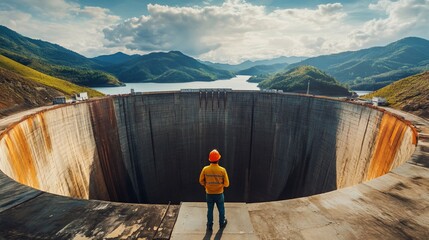 Engineer overlooking large dam reservoir.