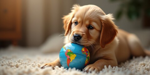 Naklejka na ściany i meble Celebrate National Puppy Day with this adorable golden retriever puppy playfully chewing on a globe, symbolizing love for pets and global exploration.