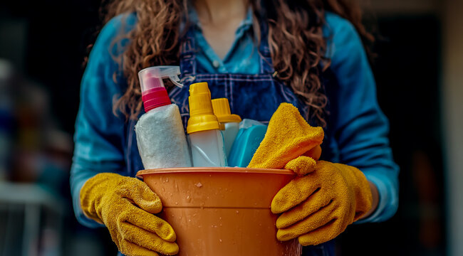 Close-up of a woman holding a bucket with cleaning supplies and gloves