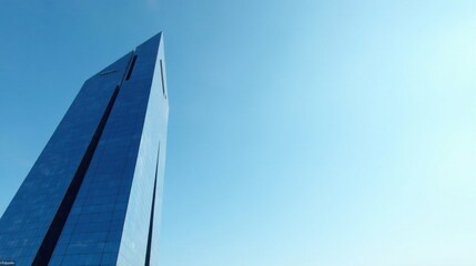 Modern glass skyscraper against a clear blue sky, a minimalist architectural image ideal for corporate presentations and design projects.