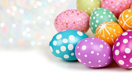 Obraz premium Colorful Easter Eggs with Dotted Patterns arranged on a white surface with bokeh background.