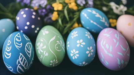 Obraz premium Colorful Easter Eggs with Floral Designs and Spring Flowers Decoration Background.